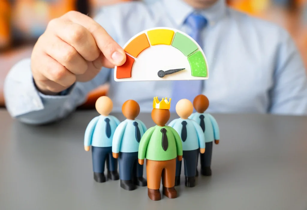A hand points to a green satisfaction gauge above five business figures, one wearing a crown.