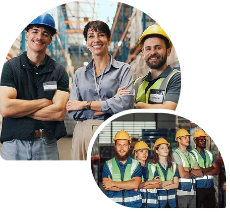 General labour crew in hard hats and safety vests