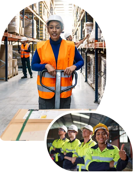 Warehouse worker with a pallet jack and general labour team