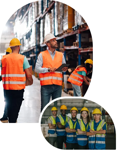 Warehouse workers in orange safety vests