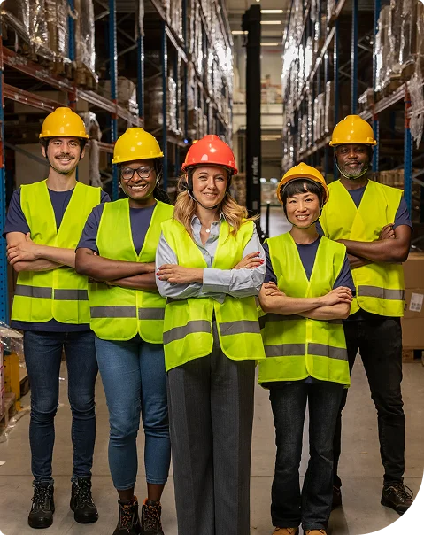 Warehouse team in hard hats and safety vests in North Vancouver