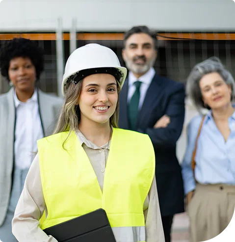 Worker in a hard hat and safety vest with a business team in Coquitlam